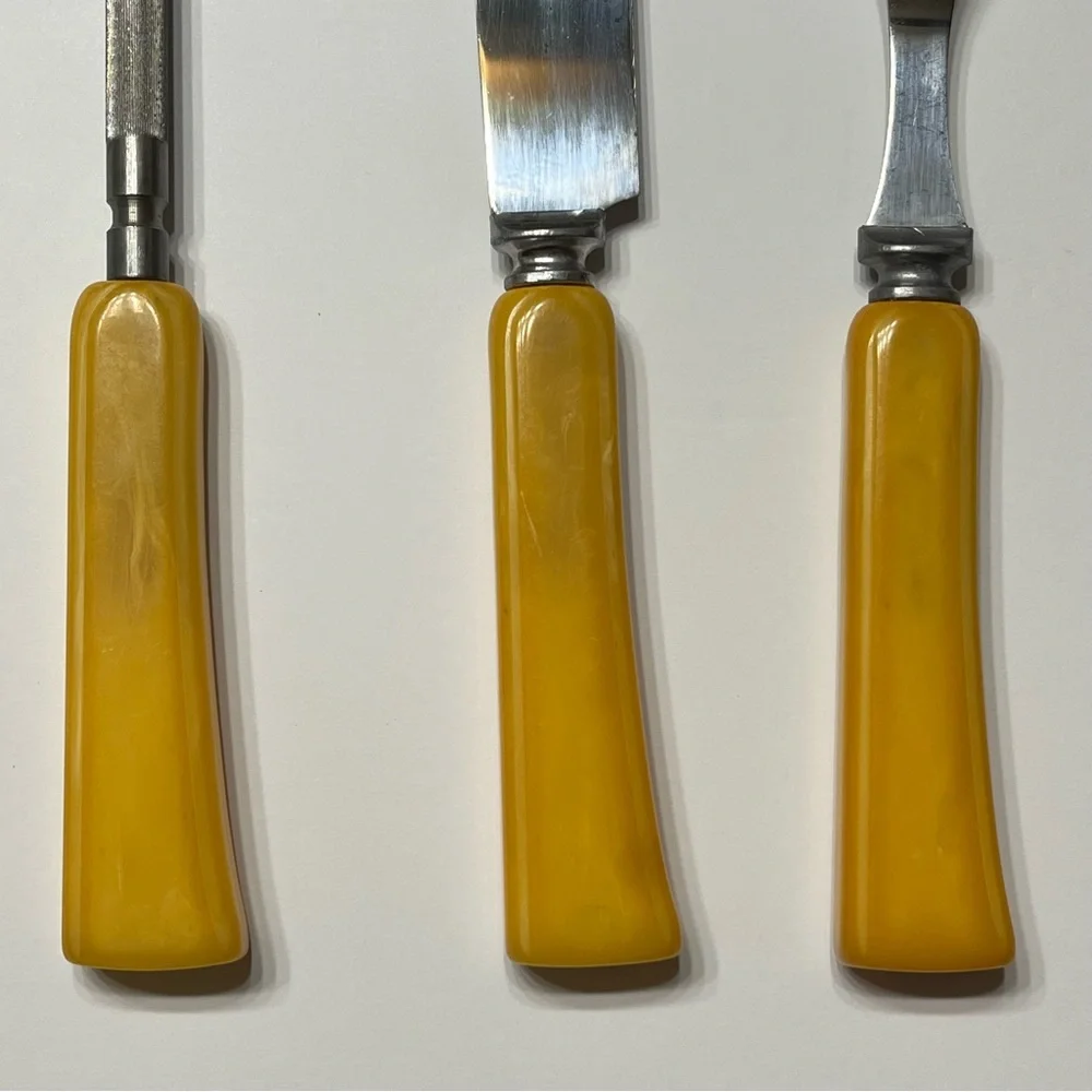 Vintage MCM Stainless Steel 3 Piece Carving Set With Bakelite Handles